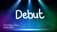 The word 'debut' in white letters on a stage background