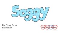 The word 'soggy' in blue bubble writing with water droplets