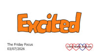 The word 'excited' in orange bubble writing