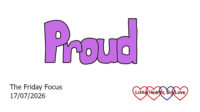The word 'proud' in purple bubble writing