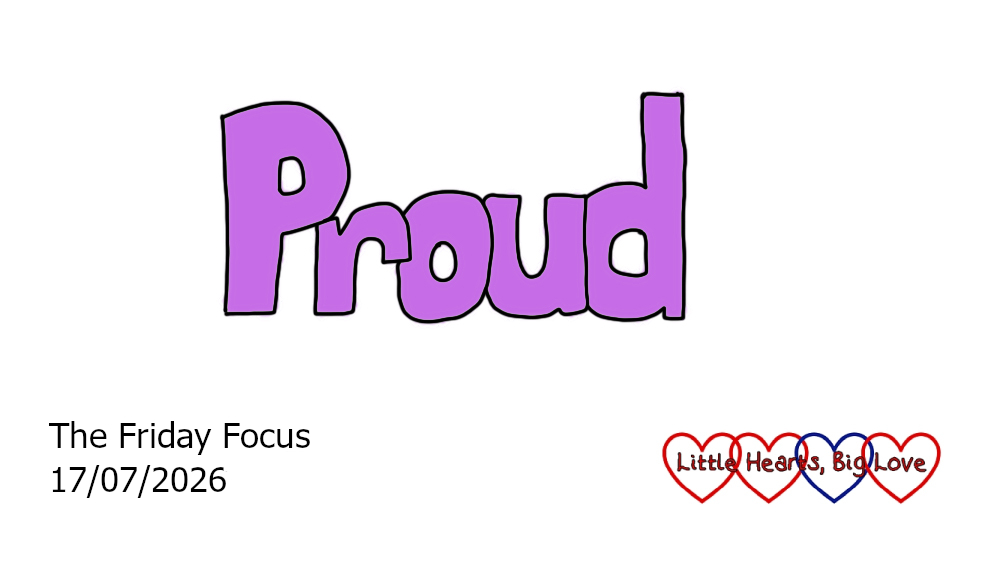 The word 'proud' in purple bubble writing