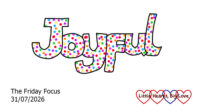 The word 'joyful' in white bubble writing with rainbow spots