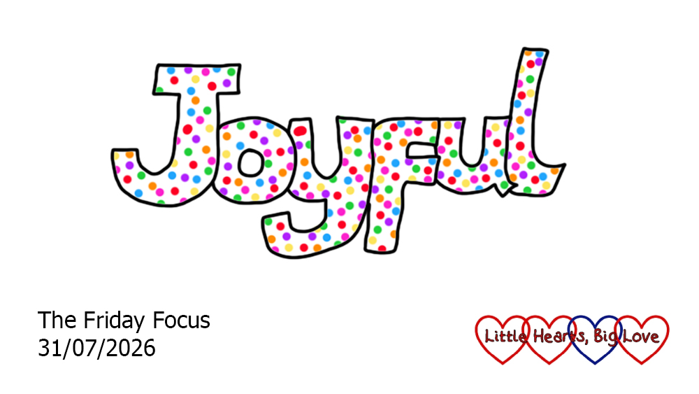 The word 'joyful' in white bubble writing with rainbow spots