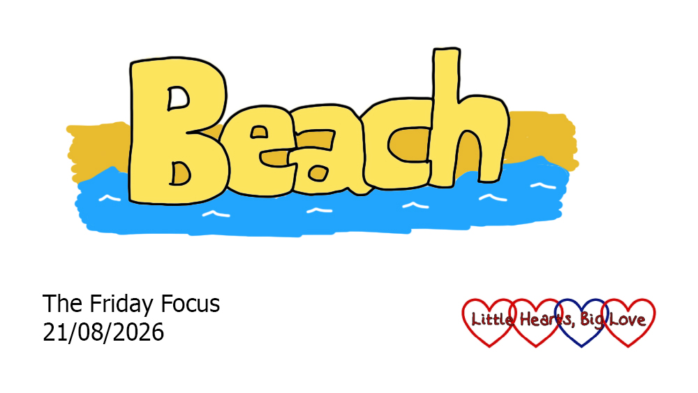 The word 'beach' in bubble writing on a doodle of a beach