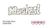 The word 'musical' in bubble writing decorated with musical notes and symbols