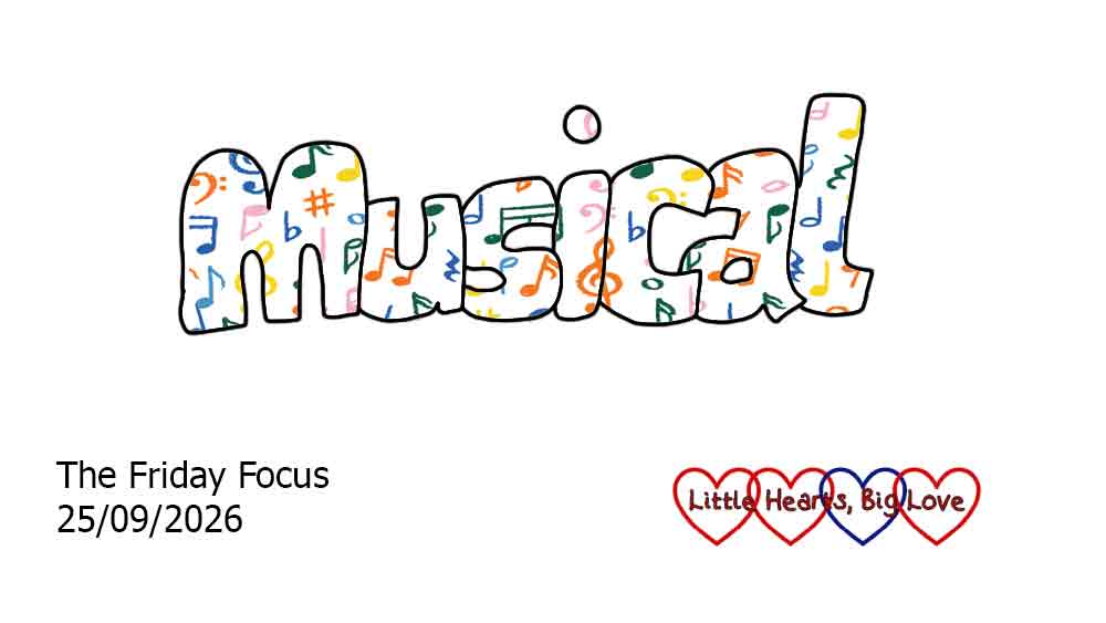The word 'musical' in bubble writing decorated with musical notes and symbols