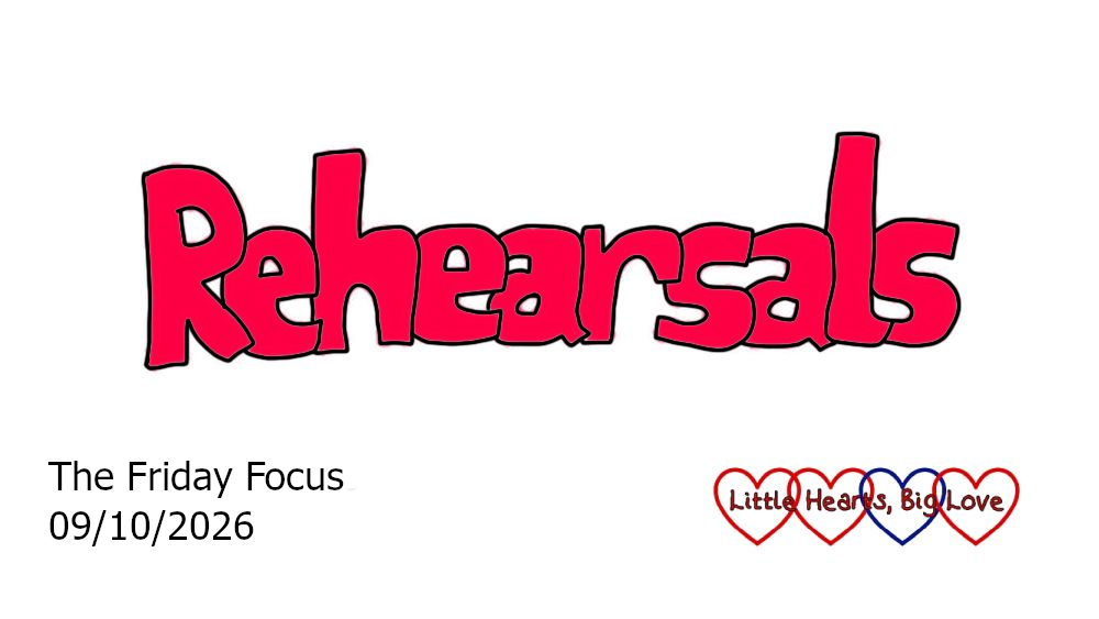 The word 'rehearsals' in red bubble writing